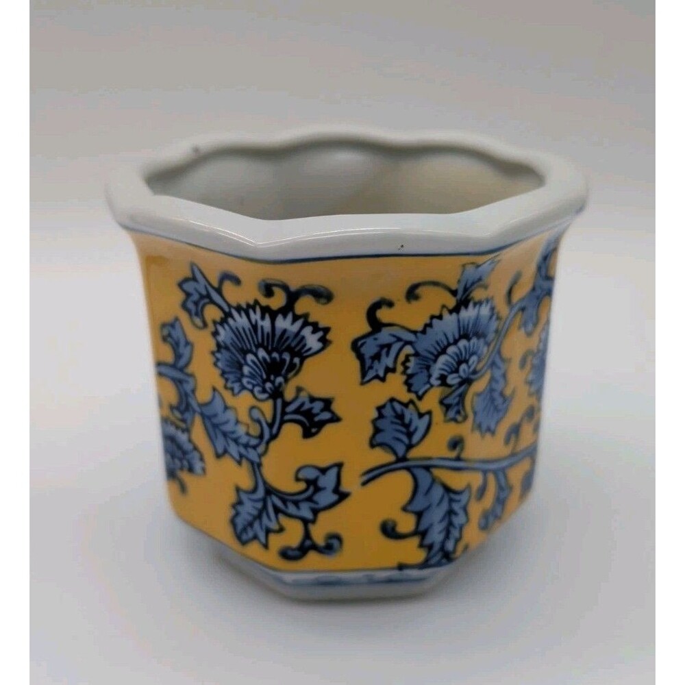 Vtg Chinese Yellow & Blue Floral Planter Octagonal Small